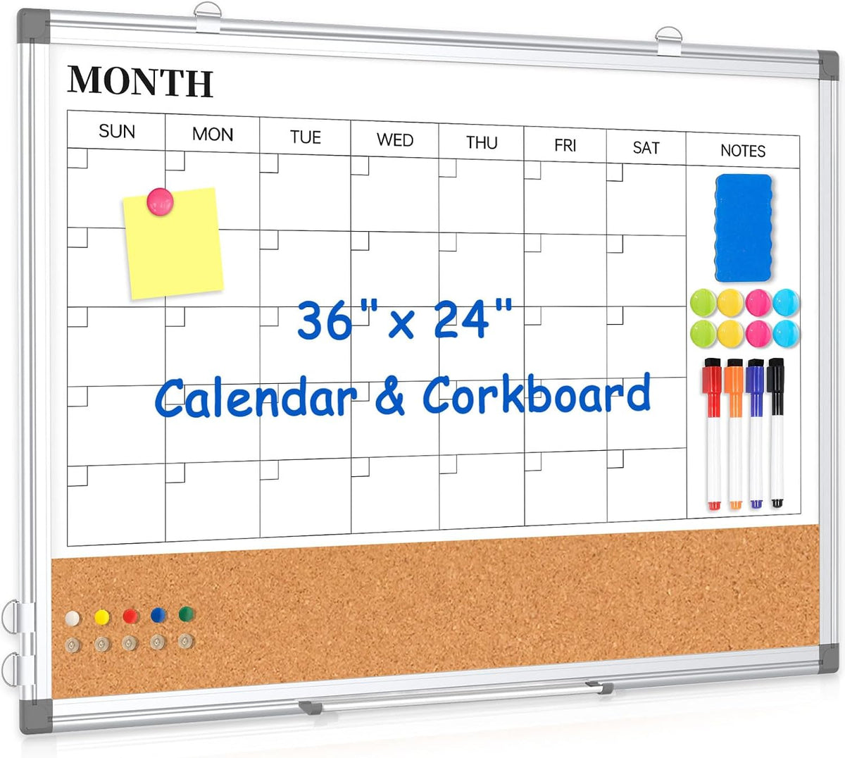 Dry Erase Calendar Whiteboard for Wall, 36" x 24" Monthly Cork Whit...