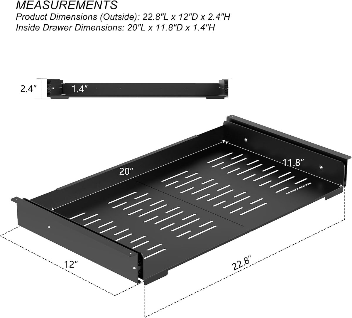 Under Desk Laptop Drawer, 22.8'' Wide Pull-Out Tray – Metal Perforate...
