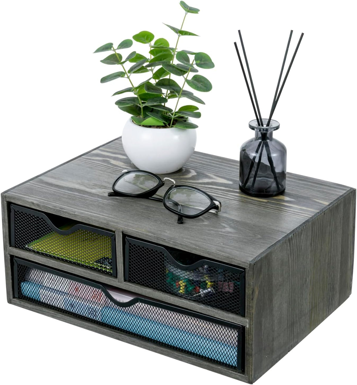 MyGift Vintage Weathered Gray Solid Wood Desktop Organizer Box with 3 Removab...