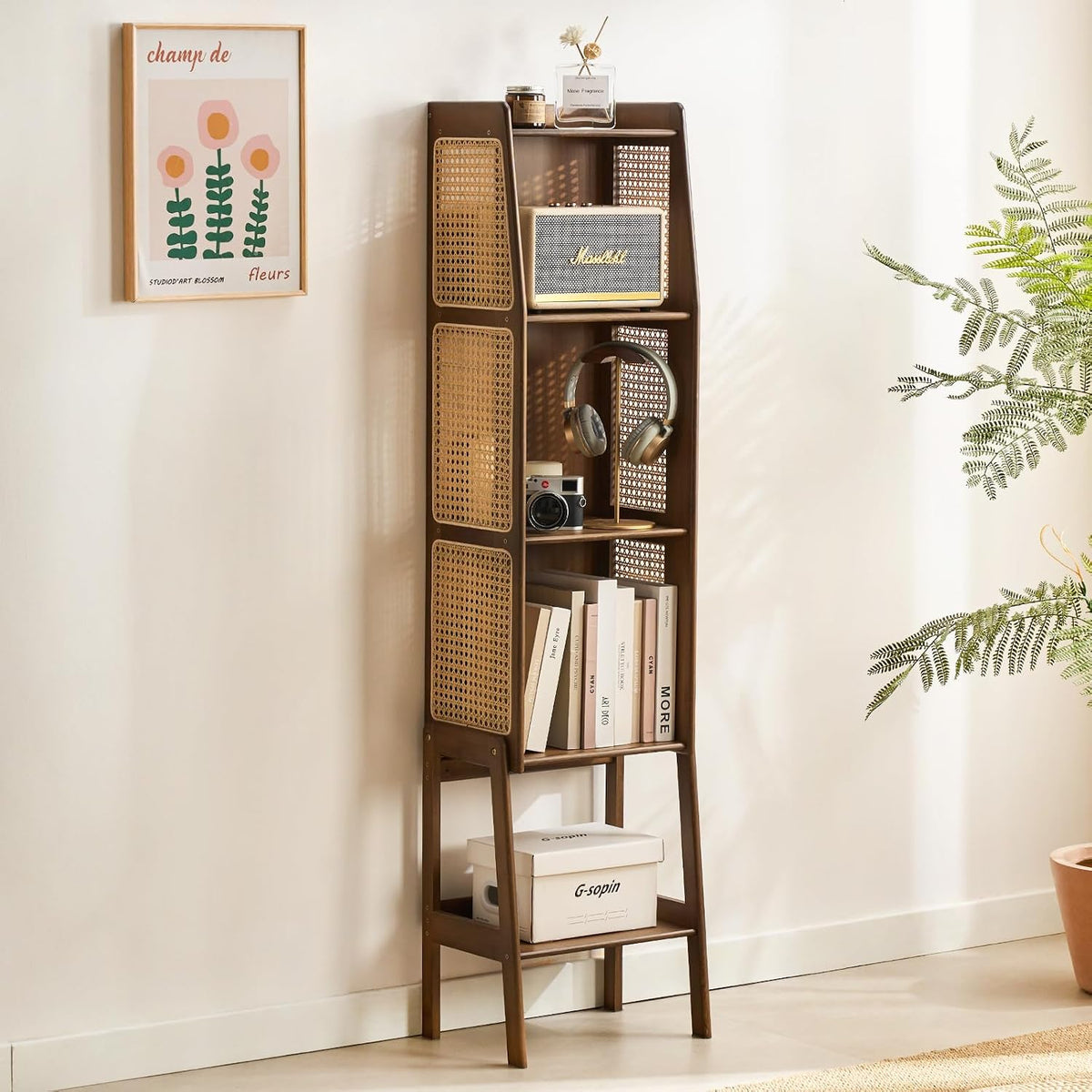 Welnow Bamboo Rattan Bookcase with Cabinet,4-Tier Wicker Bookshelf,Walnut