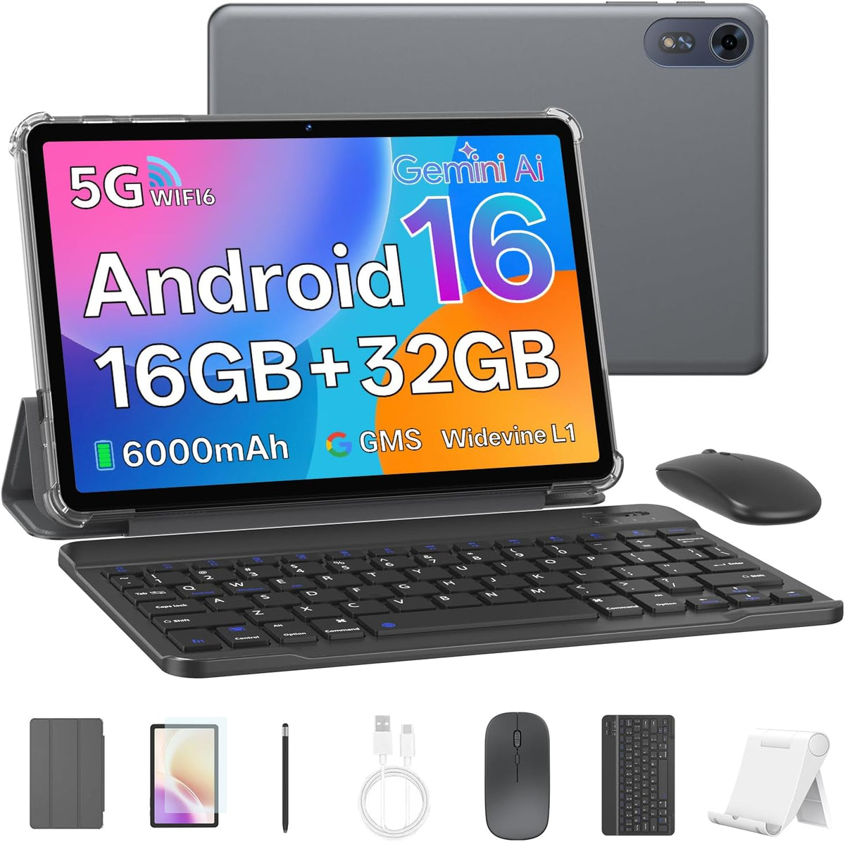 Tablet 10 Inch, Android 16 Tablet with Keyboard, 16GB RAM + 32GB, Gray