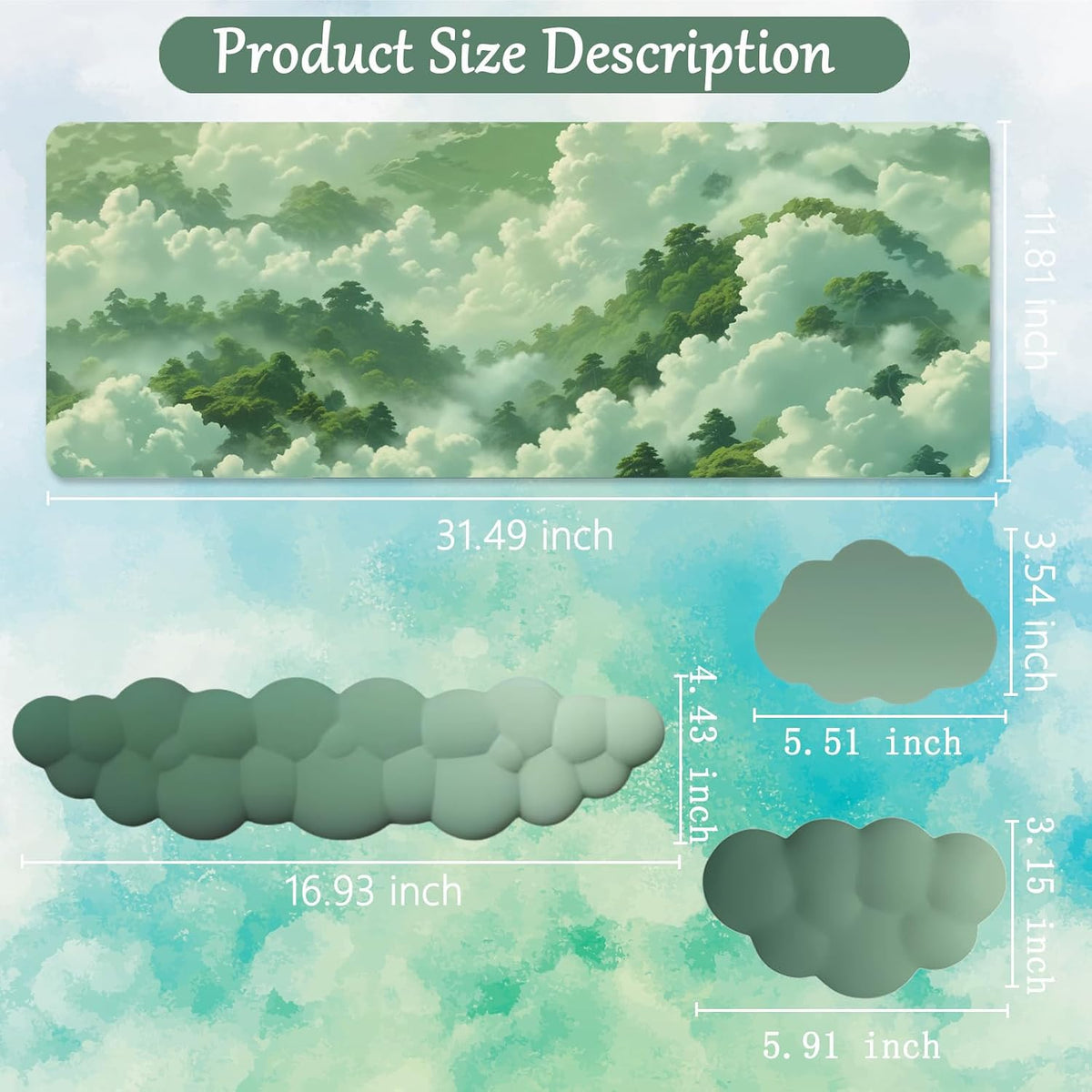 Green Cloud Mouse Pad and Keyboard Wrist Rest 4PCS Extended Forest Mountain A...