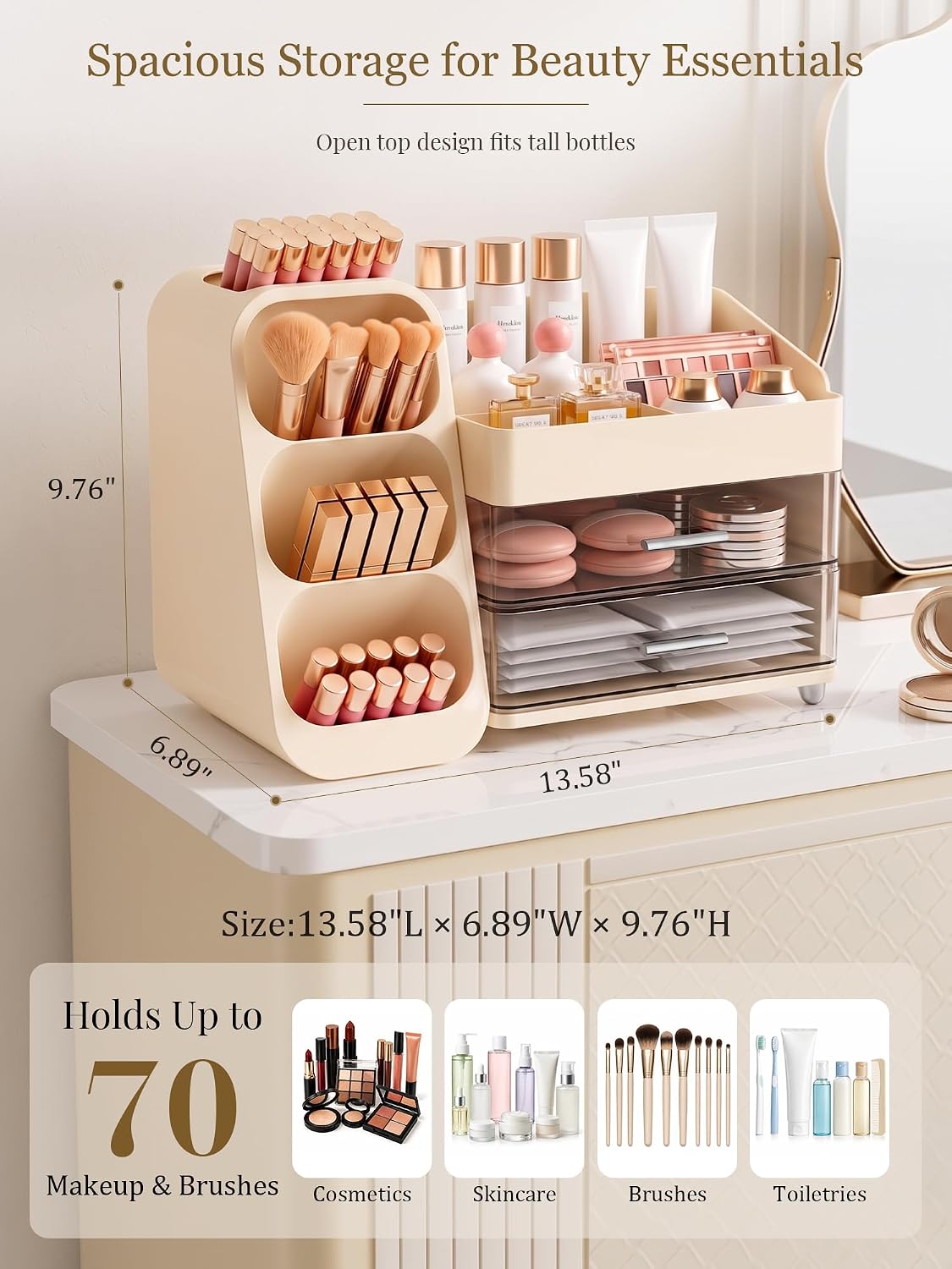 Booklov Large Makeup Organizer for Vanity Countertop, Cream