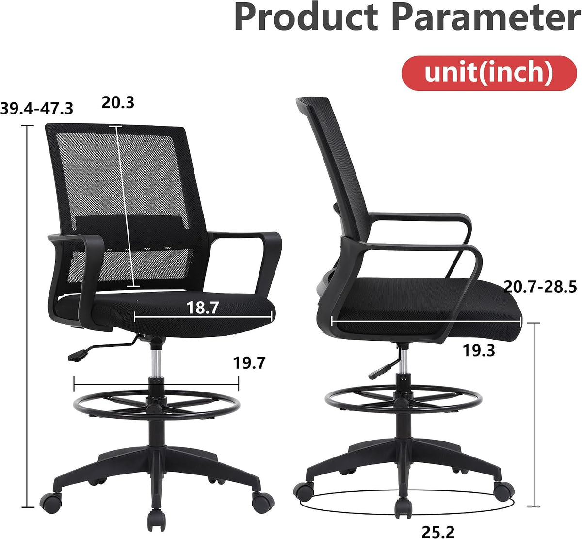 BestOffice | Tall Drafting Chair | Black | with Lumbar Support