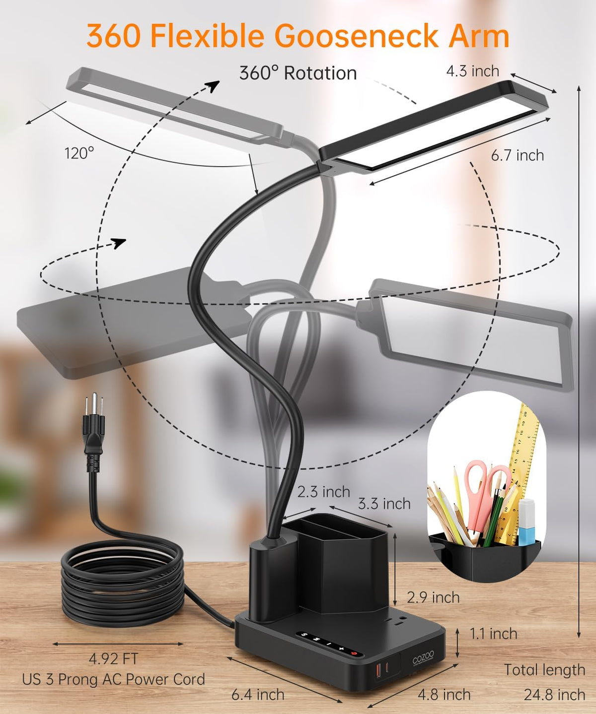 Desk Lamp, COZOO LED Desk Lamps for Home Office with USB Charging Port/Outlet...