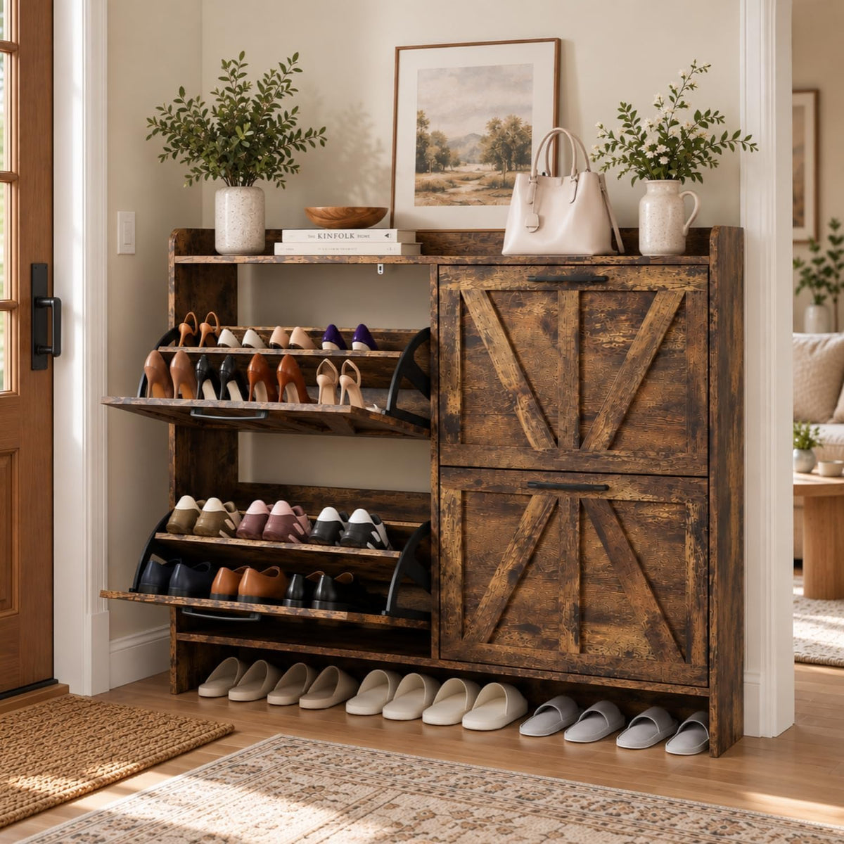Farmhouse Shoe Storage Cabinet with 4 Flip Drawers, Rustic Brown