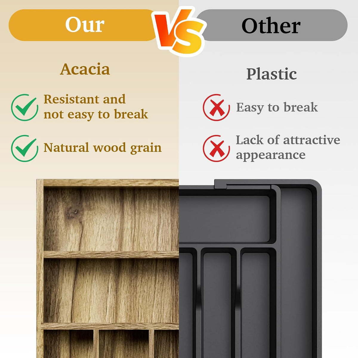 Kiasthome Acacia Wood Silverware Drawer Organizer, Kitchen Utensil Cutlery Dr...
