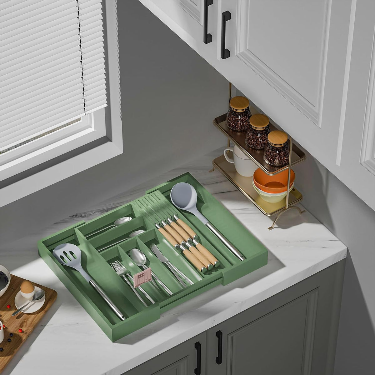 TIOPGHAD Expandable Bamboo Silverware Drawer Organizer Tray, Grayish Green