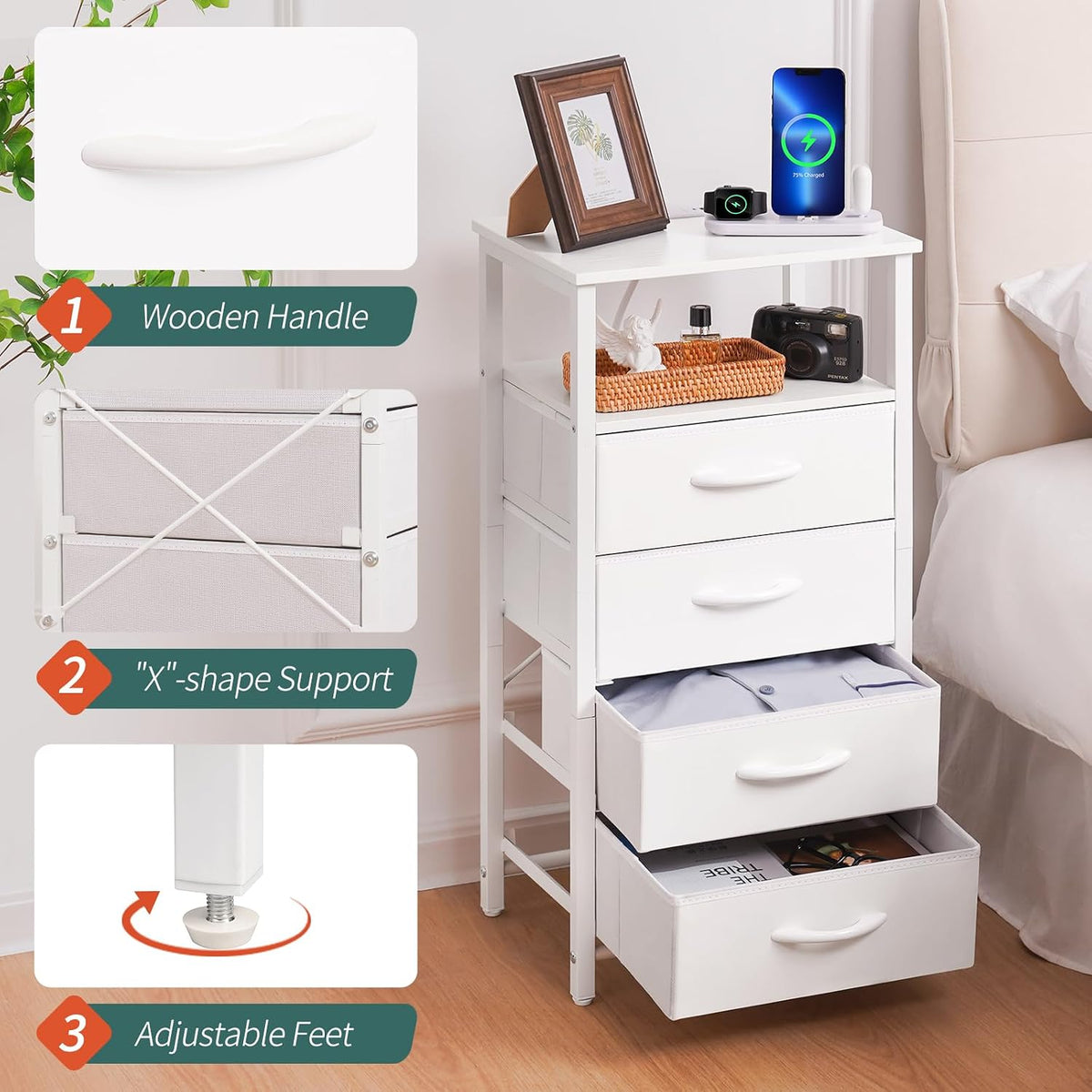 Yoobure Night Stand - LED White Nightstand with Charging Station for Dorm