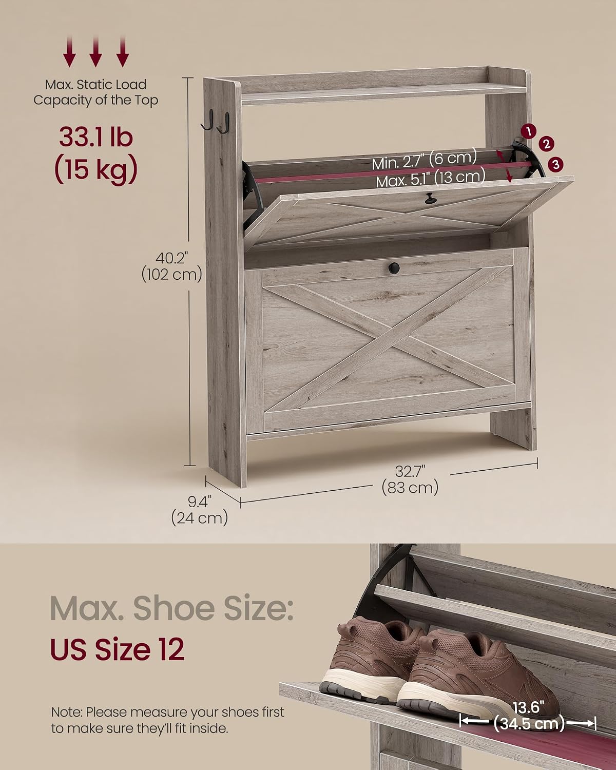 VASAGLE Narrow Shoe Storage Cabinet Organizer with 2 Flip Drawers