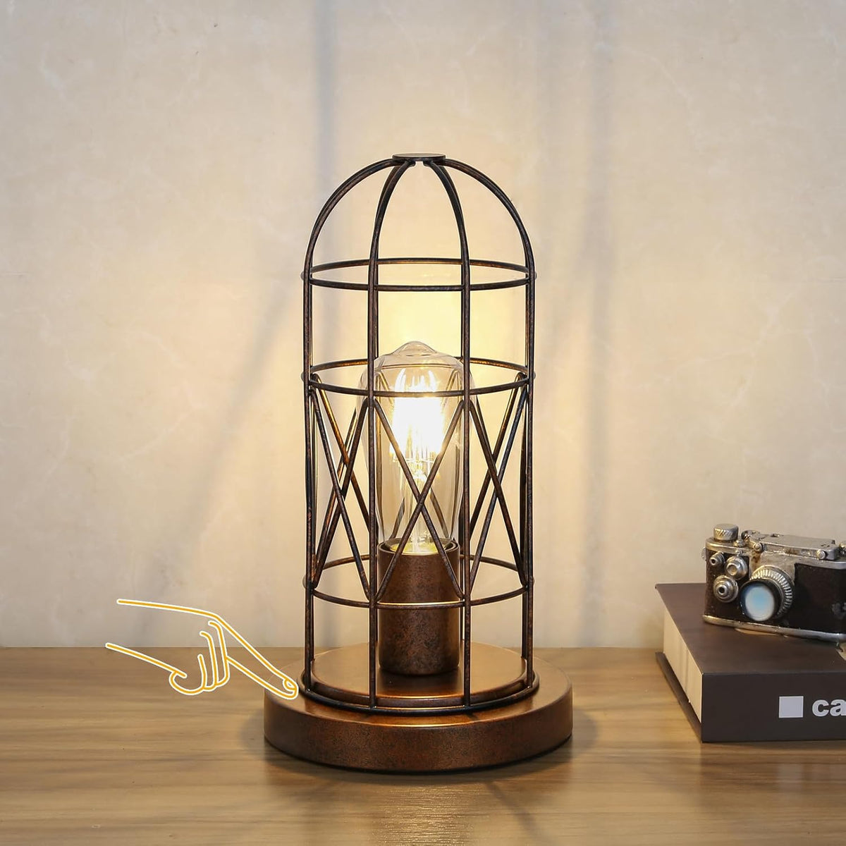 Small Touch Lamp, Industiral Bedside Table Lamp with Antique Bronze Cage