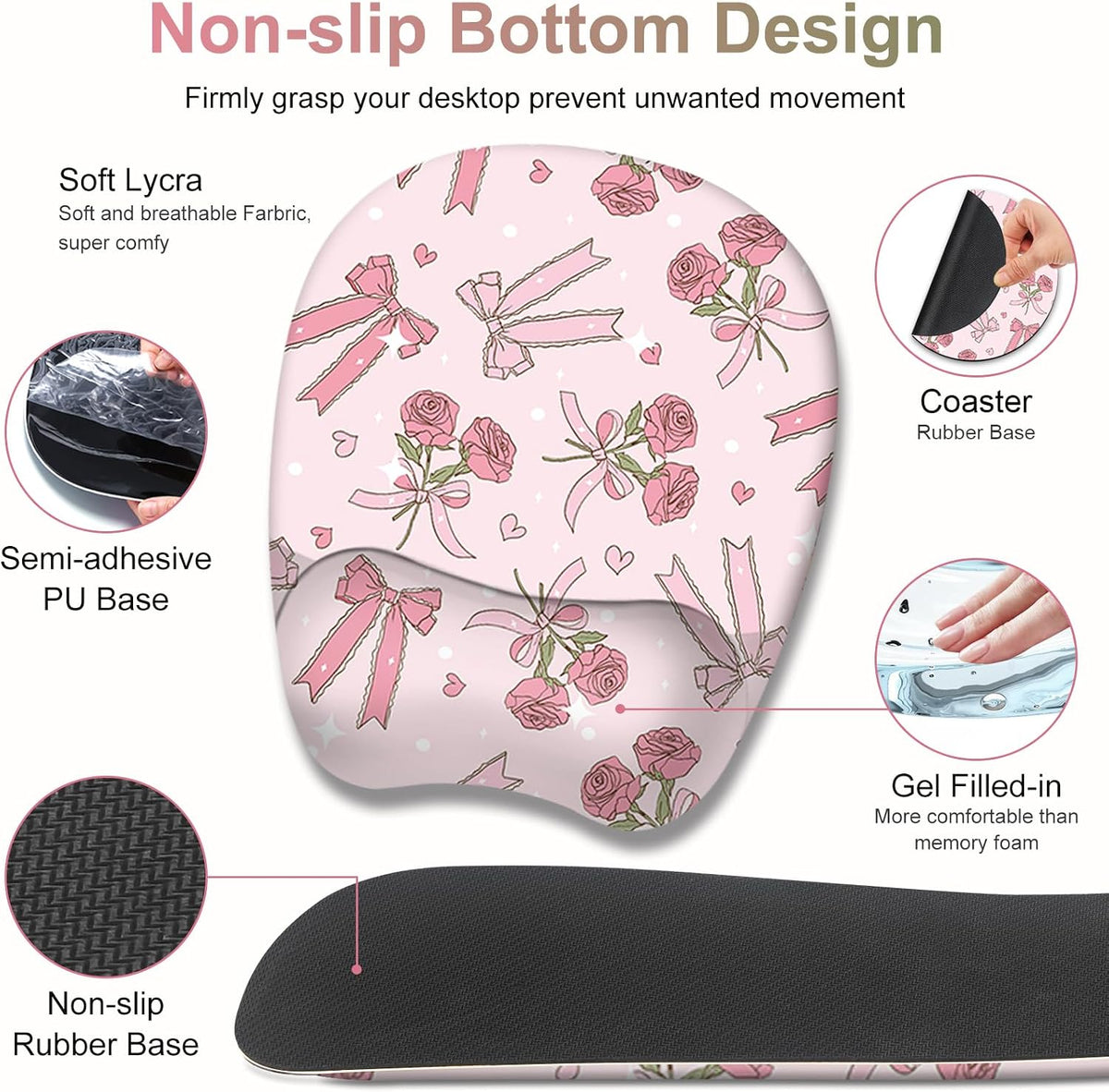 Pink Mouse Pad with Wrist Support 4 in1 Set, XXL Big Game Mousepad + Keyboard...