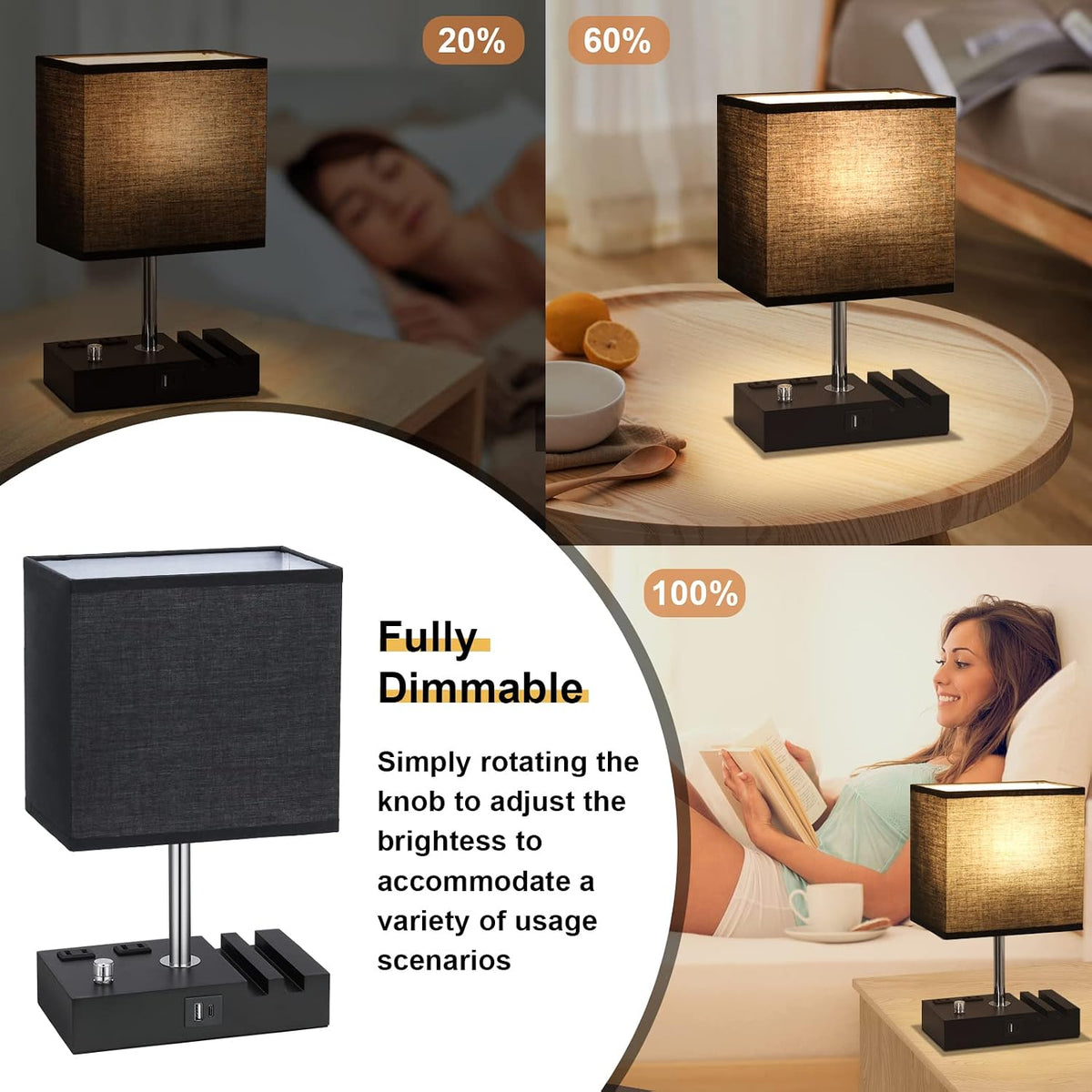 Black Table Lamp for Bedroom - Stepless Dimmable, USB C+A, 2 AC Outlets
