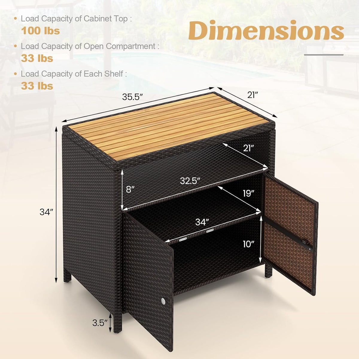 RELAX4LIFE Wicker Outdoor Bar Cabinet - PE Rattan Patio Bar Table w/Acacia Wo...