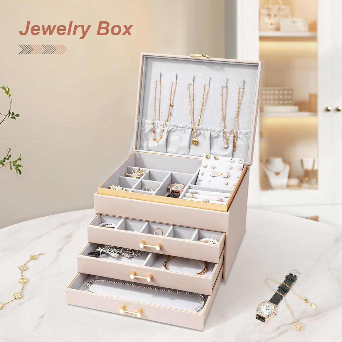 Large Jewelry Box, 4-Layer Leather Organizer, Apricot