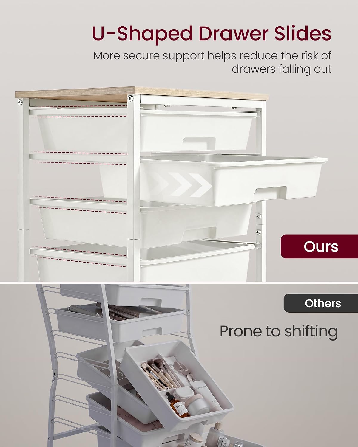 VASAGLE Rolling Cart with Drawers,5 Drawers Storage Cart, White