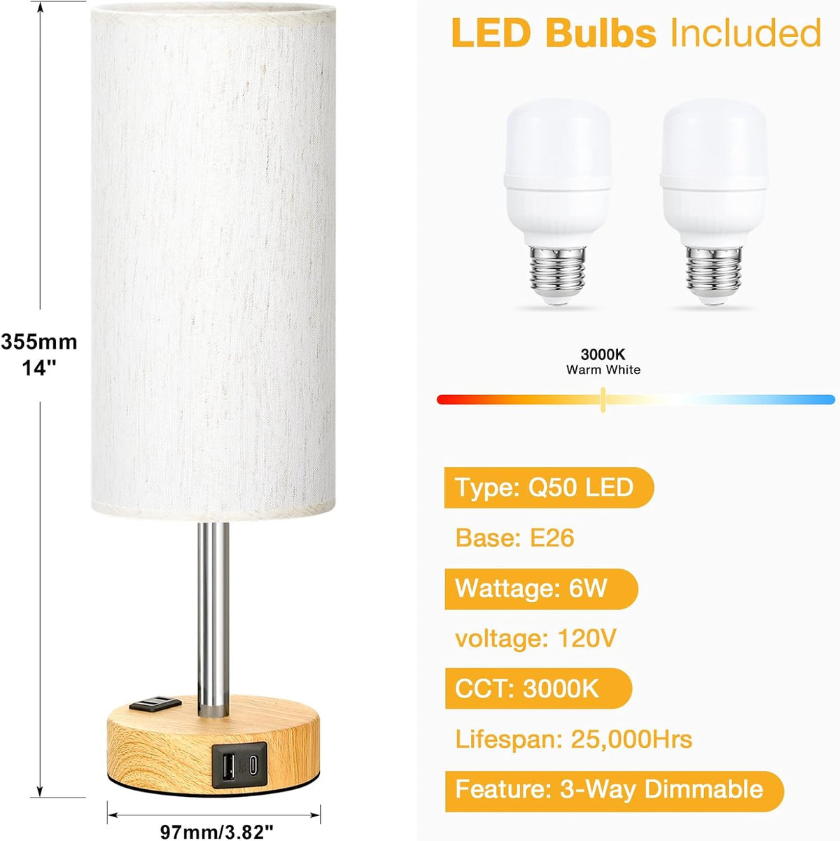 Touch Bedside Table Lamps Set of 2 - Bedroom Lamp with USB A+C, AC Outlet