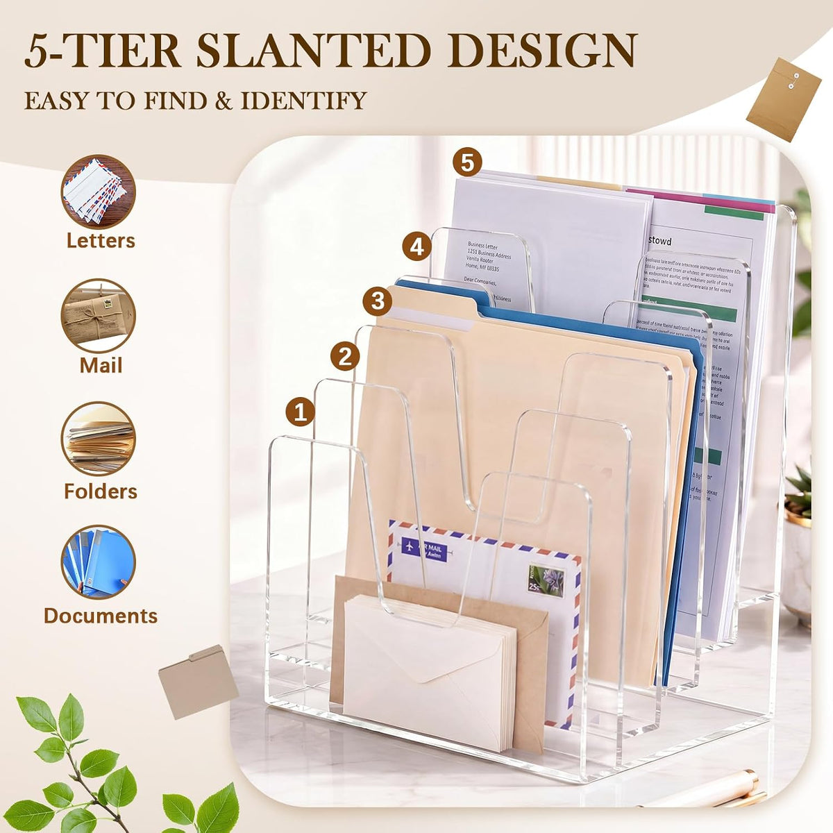 5 Section Clear Acrylic File Organizer, Inclined Desktop File Sorter