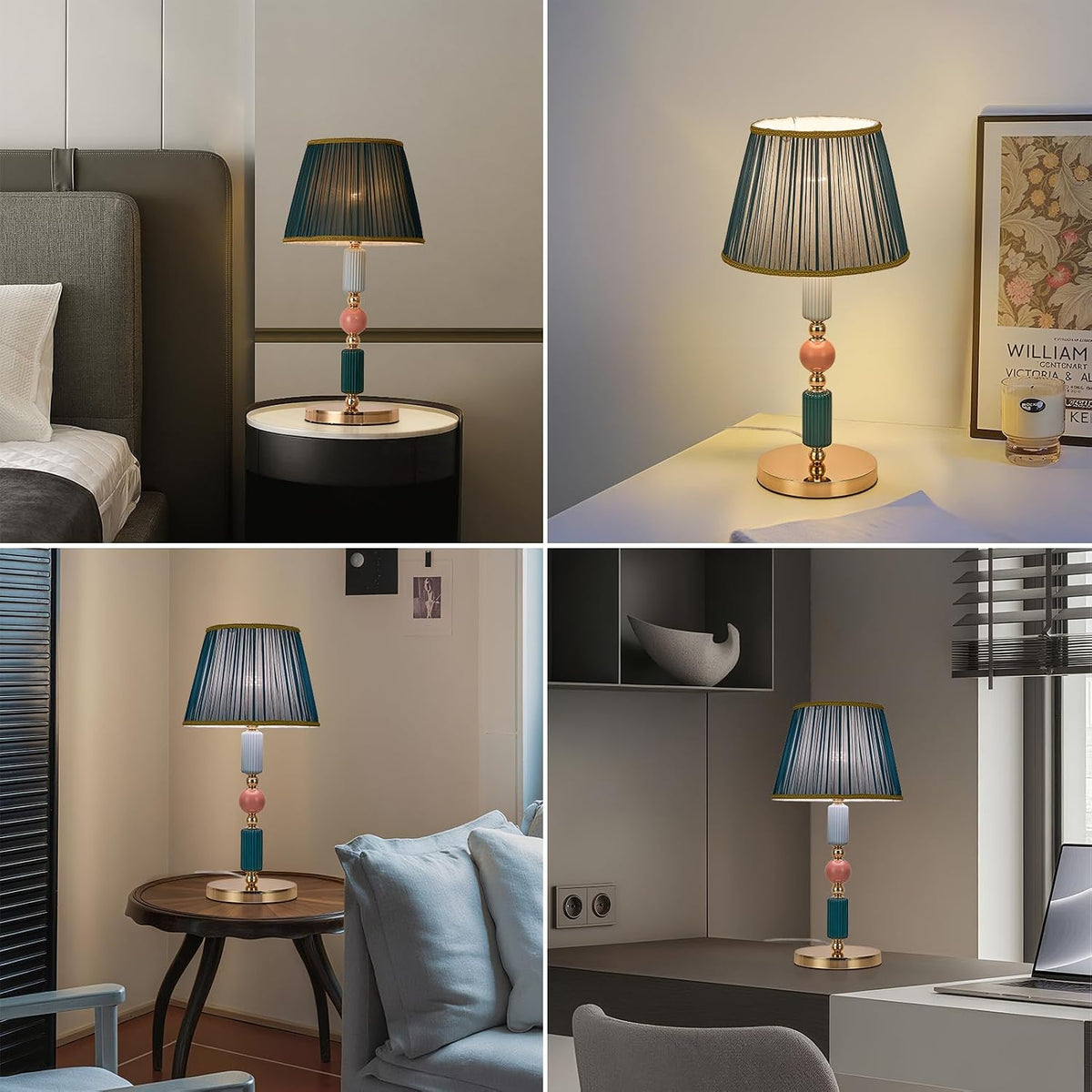 Green Fabric Shade Table Lamp Modern Metal Desk Lamp with Plug Cord Switch fo...