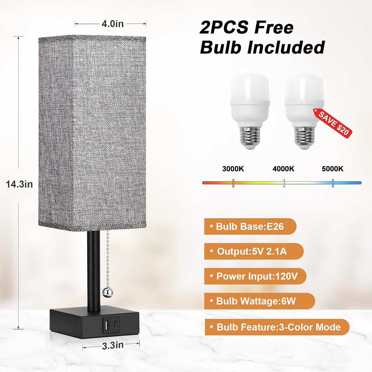 Set of 2 Grey Bedside Table Lamps for Bedroom - Nightstand Lamp, USB C+A