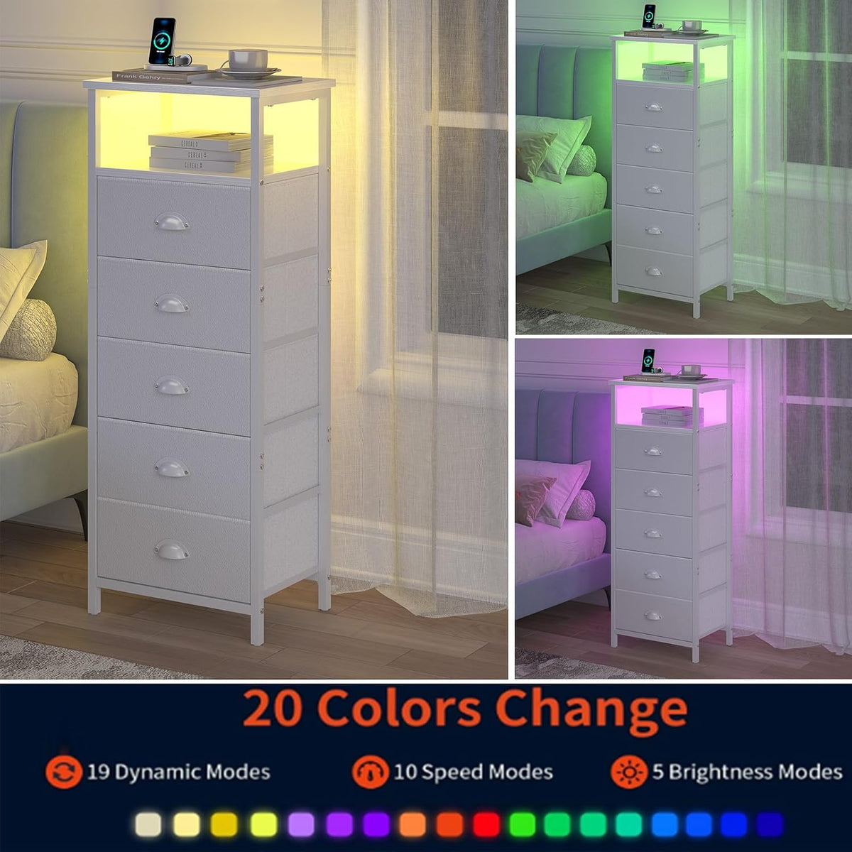sthmec Nightstand with Charging Station,LED White Nightstands with 5 Fabric D...