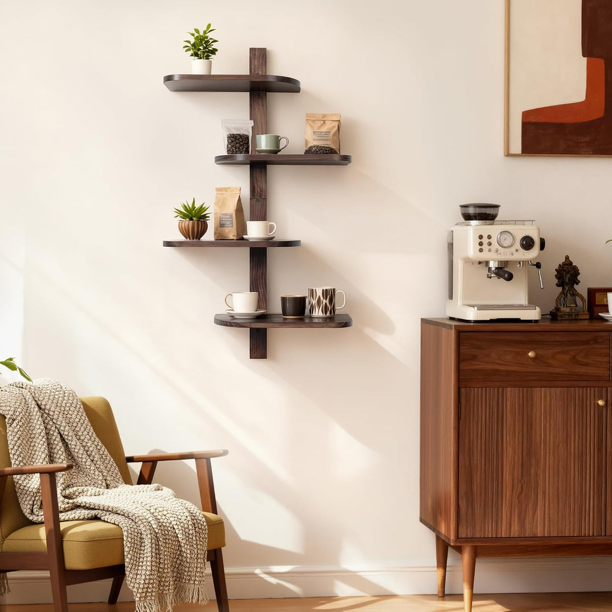 Afuly Walnut Floating Shelves for Wall, Mid Century Modern Decor Shelf Unit