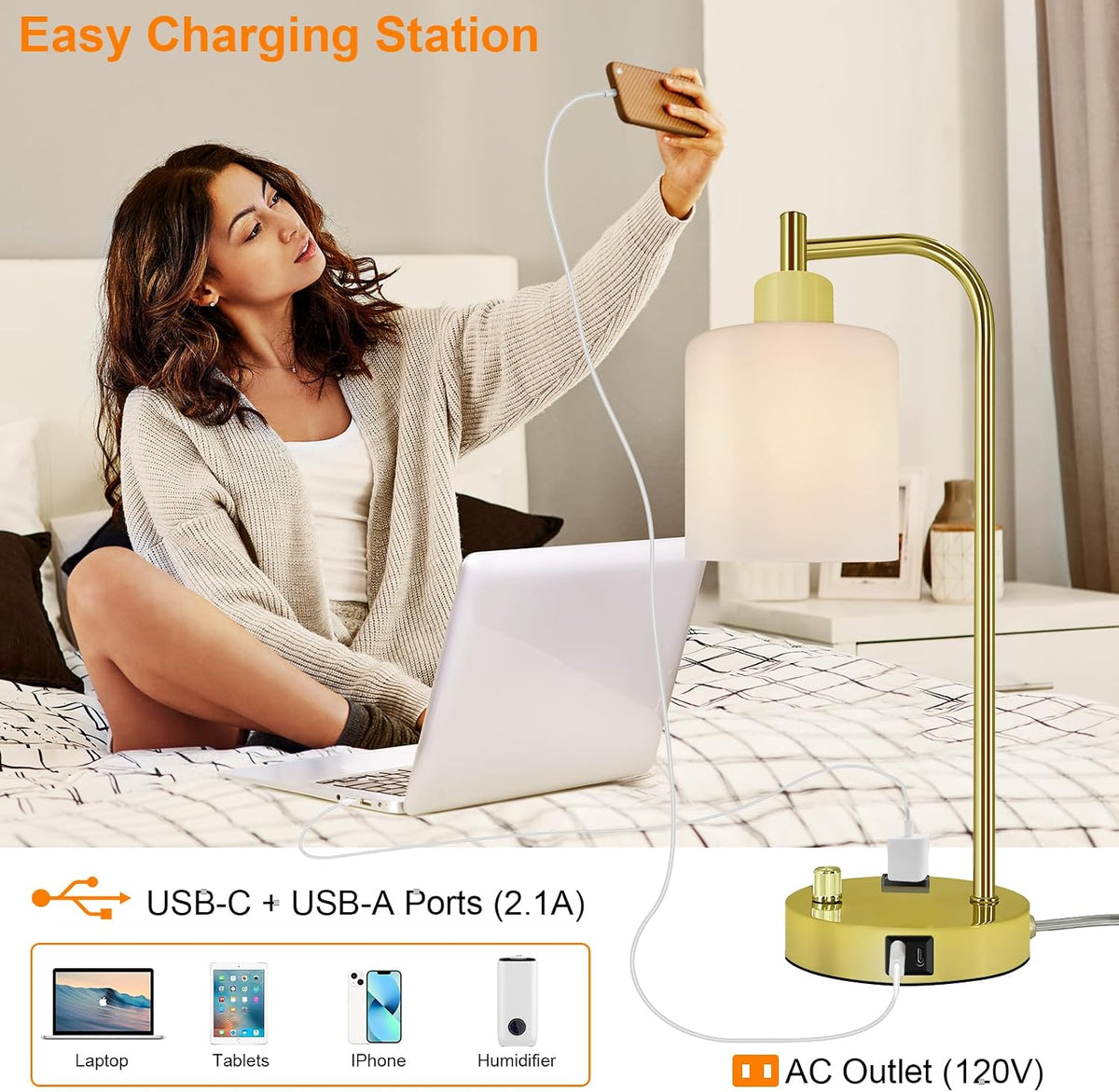Industrial Table Lamp, Stepless Dimmable Gold Desk Lamp with 2 USB Ports and ...