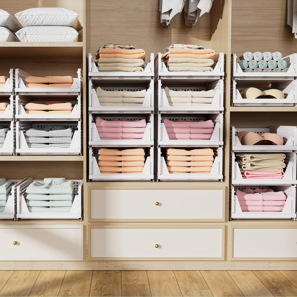 5 Pack Folding Closet Organizers Storage Box, Stackable Storage Bins, Plastic...
