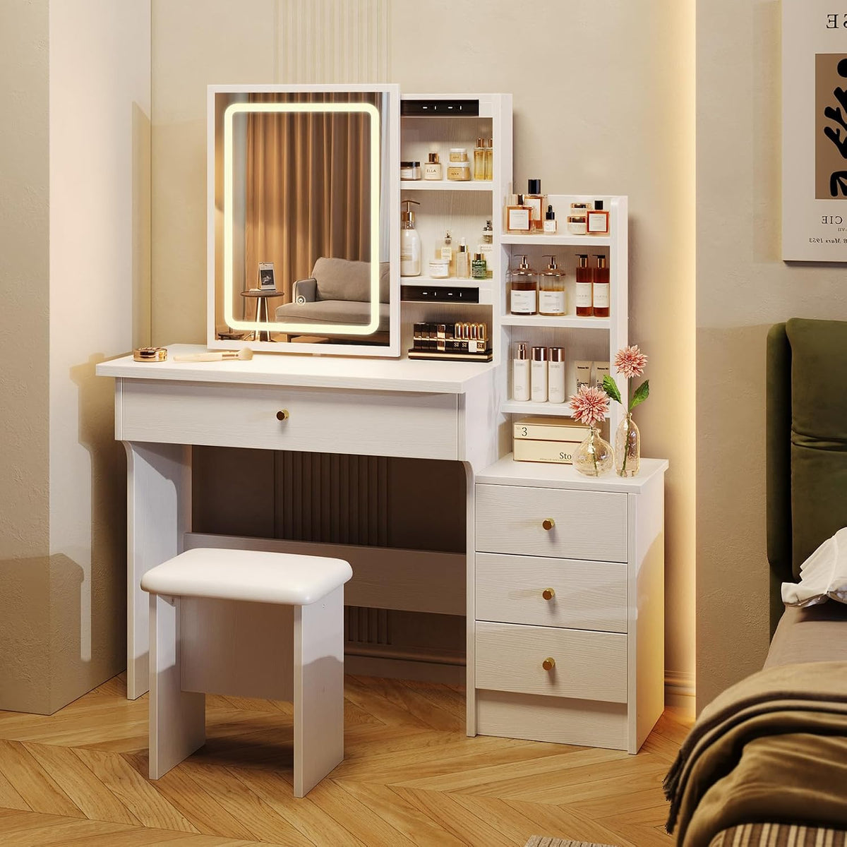 Memobarco White Makeup Vanity Desk with Sliding Mirror & 4 Drawers