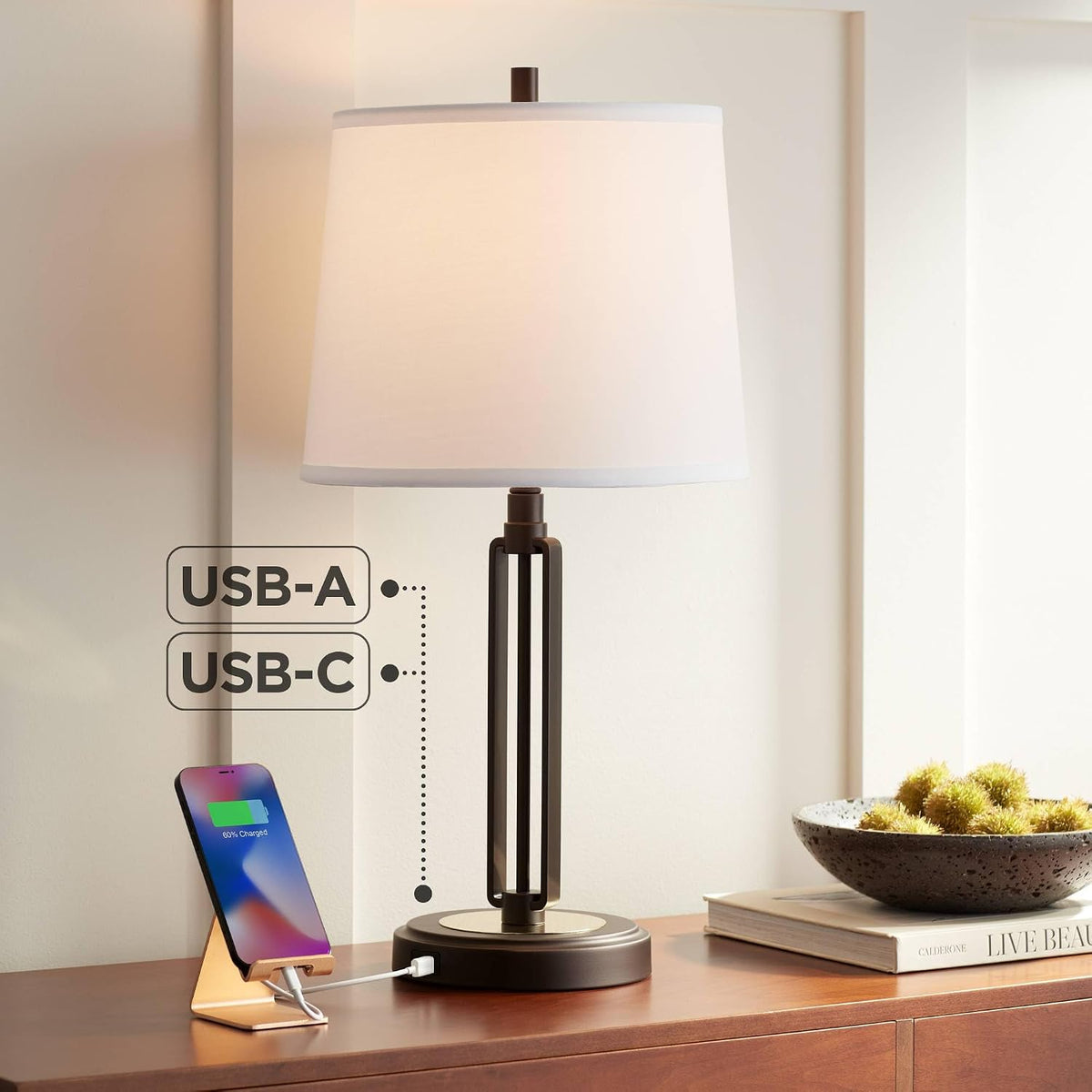Javier 24 1/2" High Table Lamp USB and Outlet Bronze Brown Plug