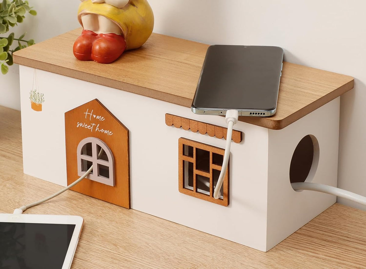 Cable Management Box, Wood Extension Cord Organizer, Handmade Power Strip Box...