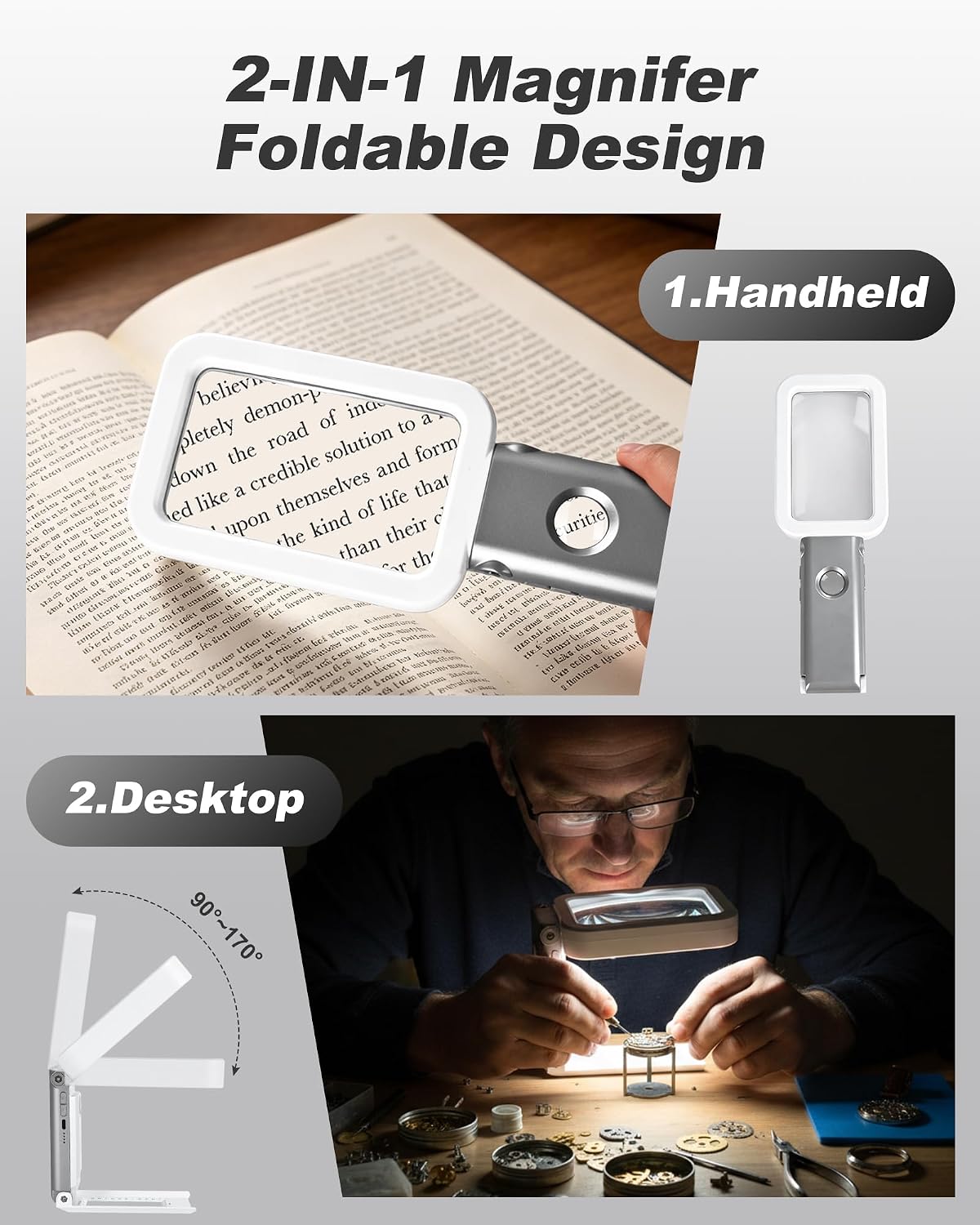 5X 10X Rechargeable Magnifying Glass with Light and Stand, Hands Free