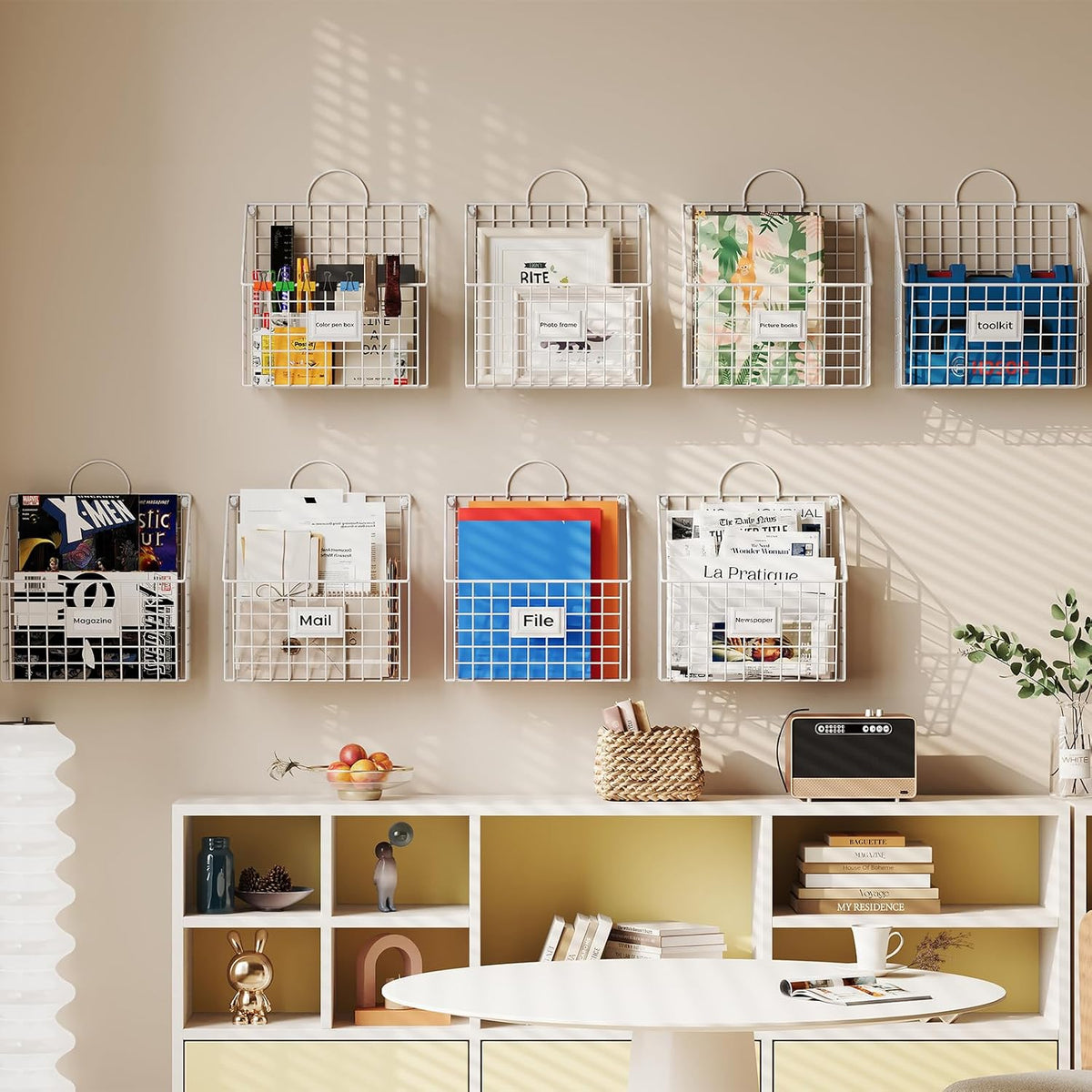4 Packs Hanging Wall File Organizer with Hooks, Magazine Rack ,Mail Basket