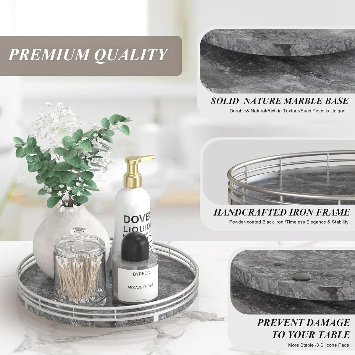 AHM10-Inch Gray Marble Lazy Susan with Silver Iron Frame