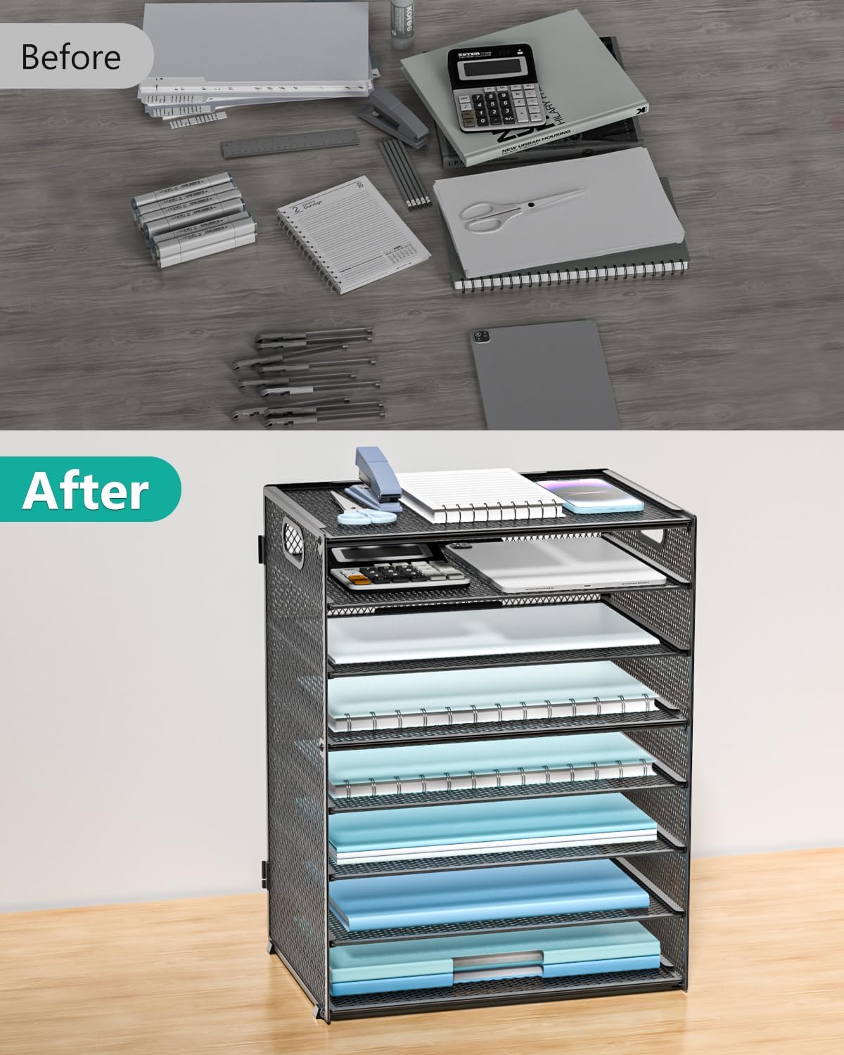 WALI Desk File Organizer, 8 Tier Desktop Paper Letter Tray Organizer with Han...
