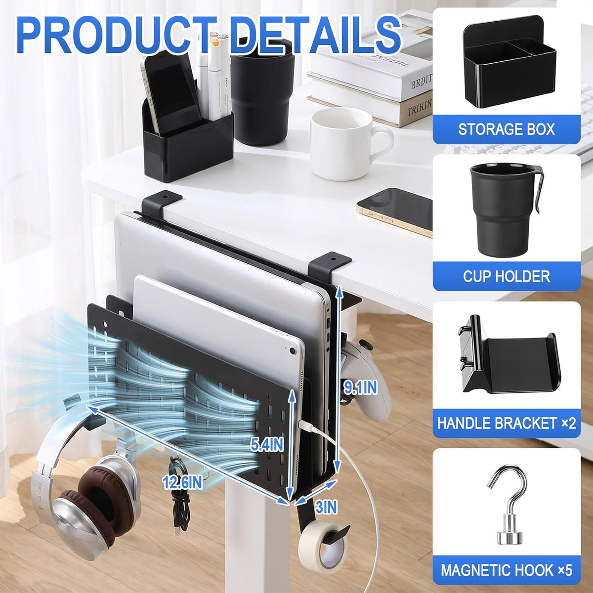 Desk Side Storage Organizer Set Fits Edge 0.2-2.2",Double,Black