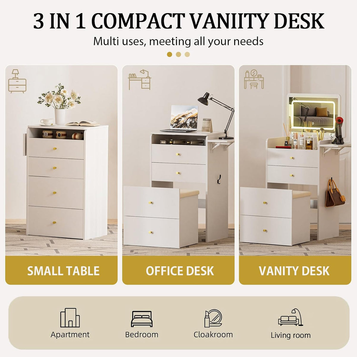 COMHOMA Makeup Vanity Desk with Mirror and Lights, Small 3 in 1 Vanity Table ...
