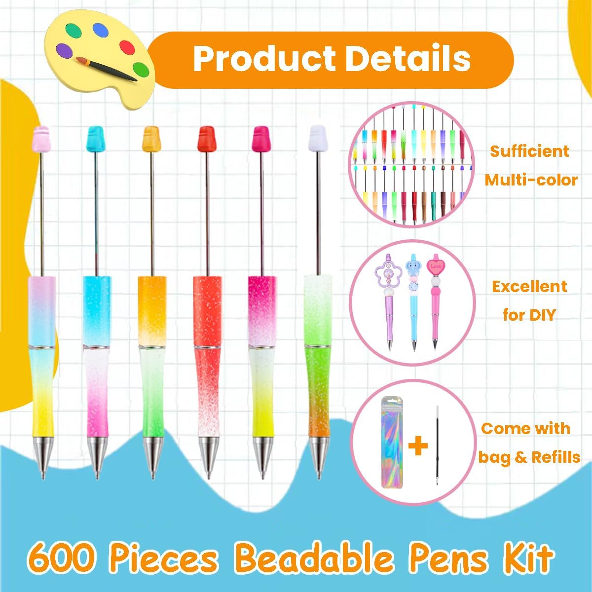 600 Pieces Beadable Pens Kit, 200 Beadable Pens Bulk with 200 Refills + 200 P...
