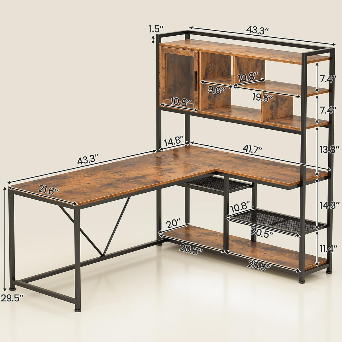 SEDETA L Shaped Computer Desk with Storage Shelves, Bookshelf, Rustic Brown