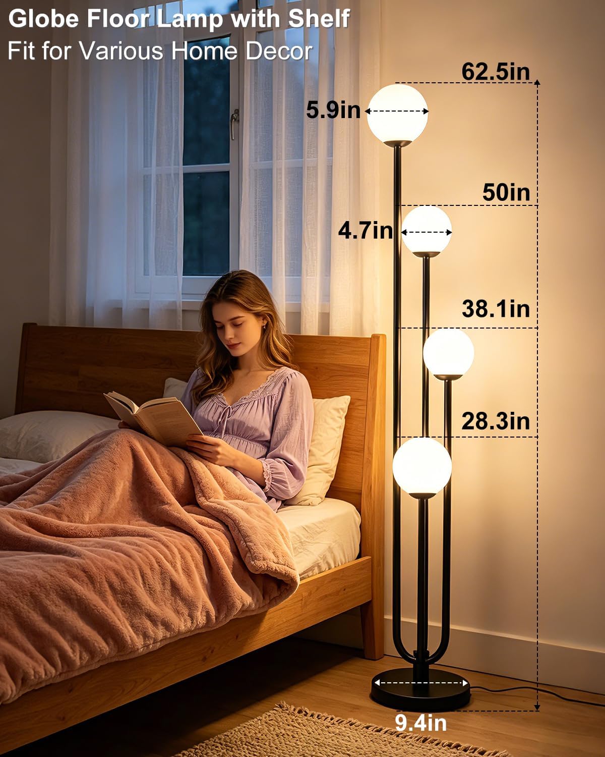 63IN 4-Light Globe Floor Lamp, Unique Black Tall Standing Lamps with 3000K Bu...