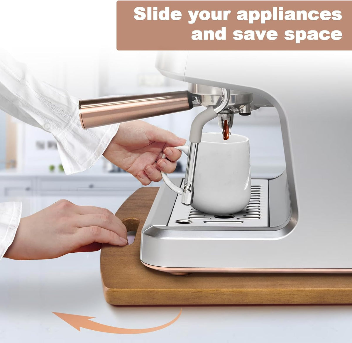 Sliding Tray for Coffee Maker - Solid Wooden Appliance Slider with 360° Smoot...
