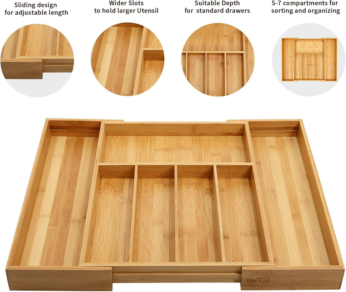 VaeFae Bamboo Drawer Organizer, Large, Natural