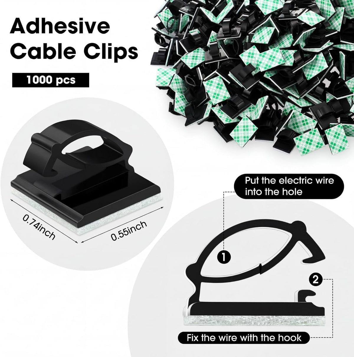 EBOOT 3/4” Adhesive Cable Wire Clips for Desk Wall Car, 1000 Pieces