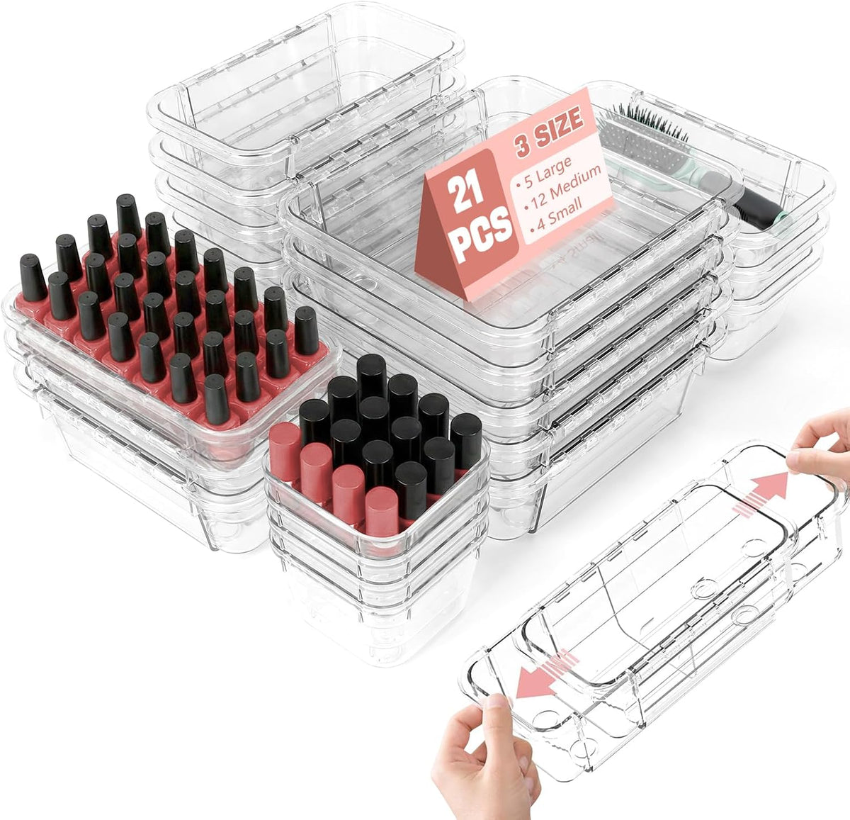 21 PCS Extendable Drawer Organizer Set Clear Stackable Vanity Storage Bins