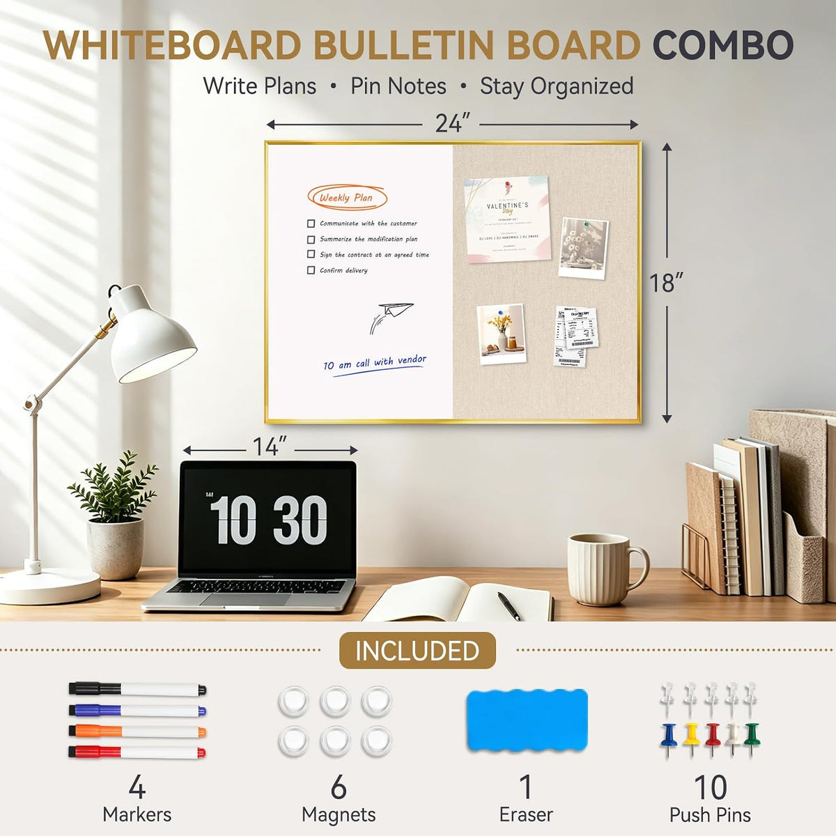 Whiteboard Bulletin Board Combo, 24"x18" Dry Erase Linen Cork Board