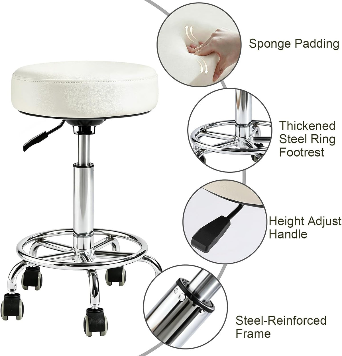 500lbs Heavy-Duty Adjustable Rolling Stool with Wheels & Foot pedal ring