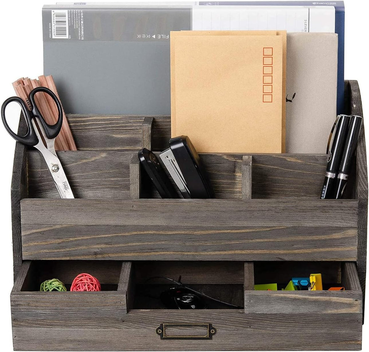 Rustic Wood Desk Organizer and Storage with Drawer and Pen Holder Bill Mail O...