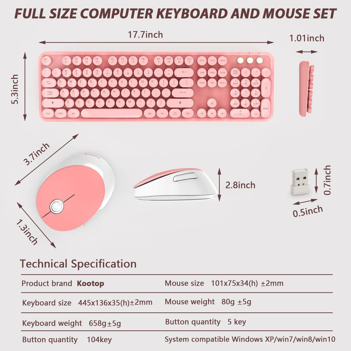 Kootop Wireless Keyboard Mouse, Cute 104 Keys Typewriter Pink White