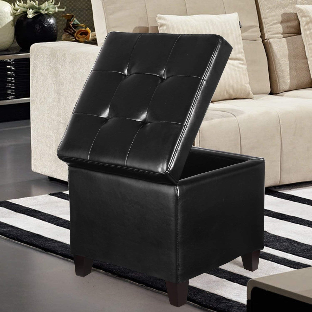 Adeco Storage Ottoman Foot Rest Stool, Leather Ottoman Footstool with Wood Le...