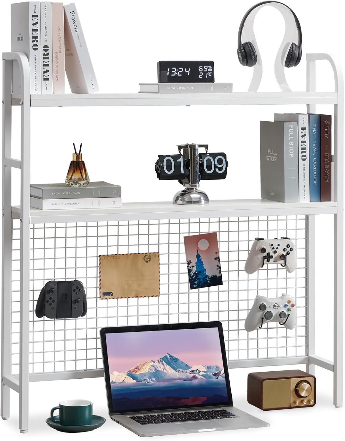 Desk Shelf, 36.8” Desktop Organizer Shelf with Grid Panel and Hooks, Desk Hut...